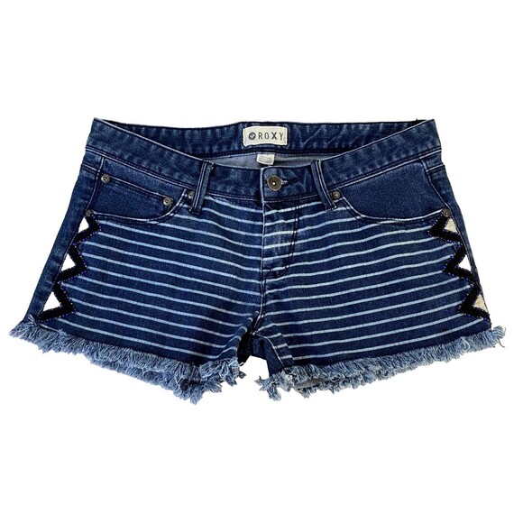 Roxy Contrast Denim Beaded Shorts Womens Size 28 Multicolor Frayed Hem Stripes - Picture 1 of 16